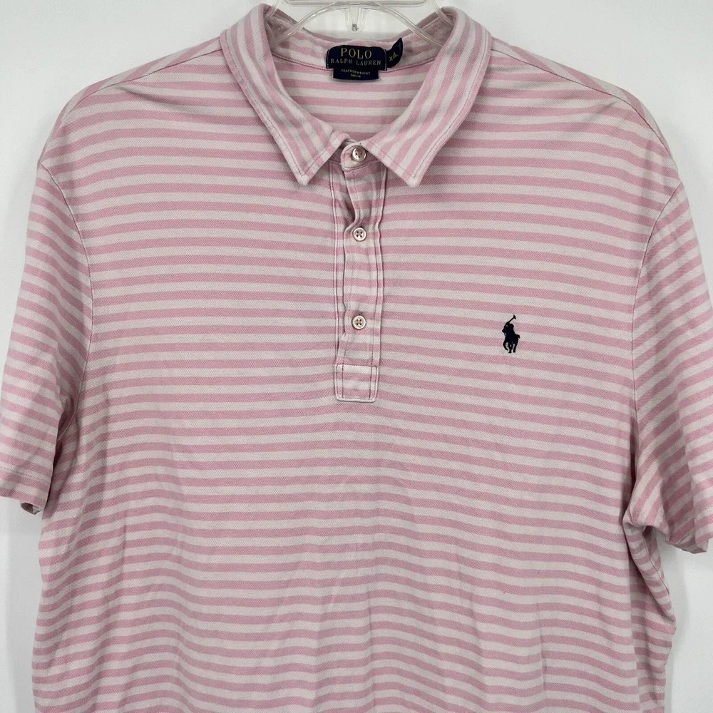 Ralph Lauren Polo Shirt Mens‎ XXL Pink White Stripe Golf Feather Weight Mesh